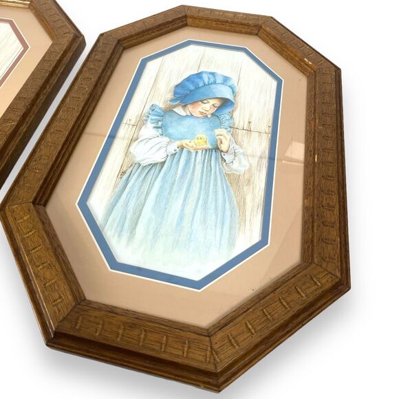 Kathleen Casey 1980s Framed Pictures Boy Girl‎ Hexagon 2 PC Vintage Decor A18G - Picture 4 of 12